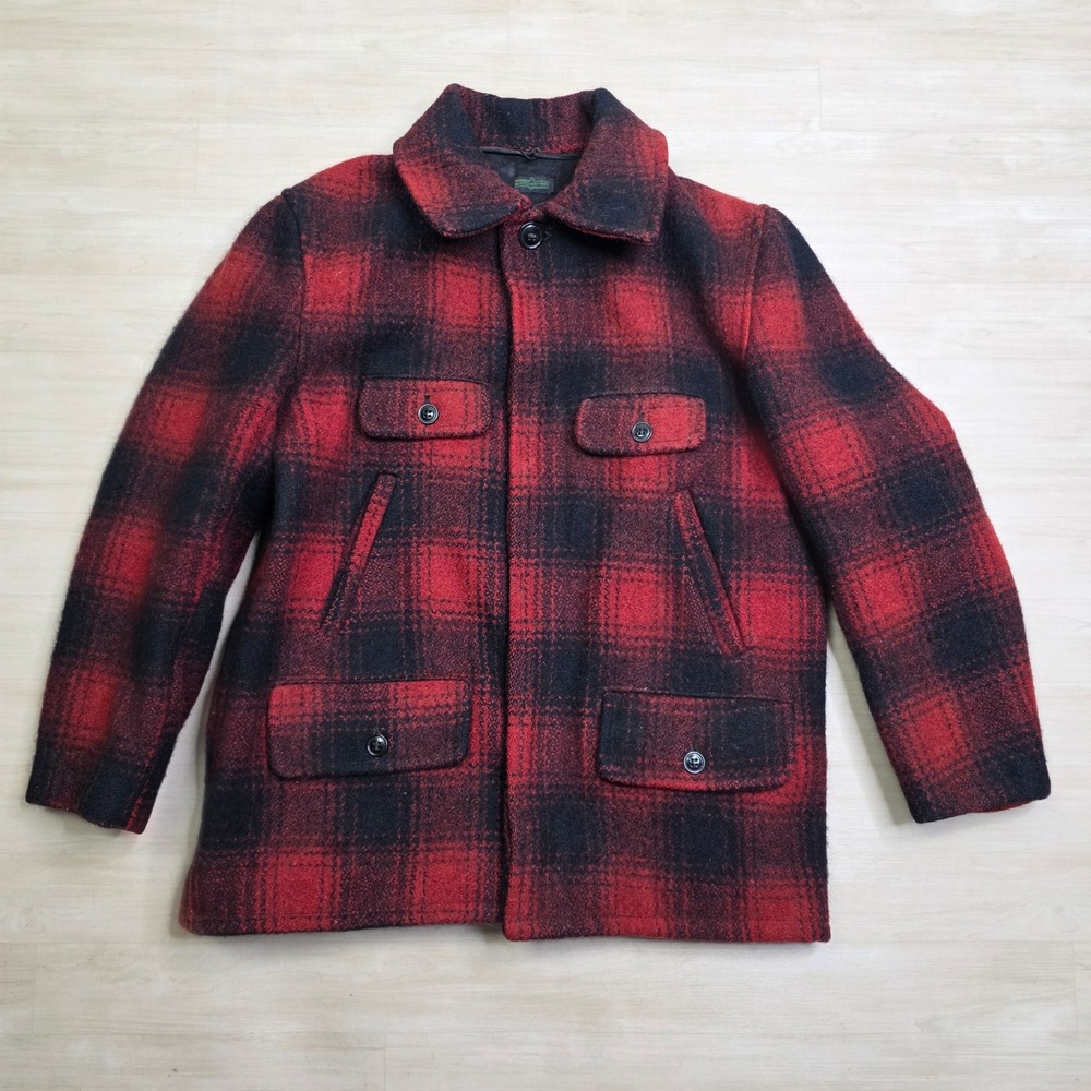 Vintage Montgomery Ward Red Black Buffalo Plaid Wool Field Jacket Mens Lined